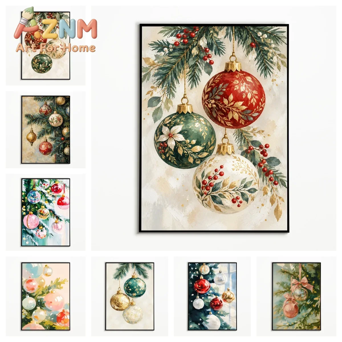 1PC,Watercolor Wall Art Christmas Baubles Pine Branch Posters Winter Canvas Painting Cozy Room Wall Decor Gallery Wall Prints