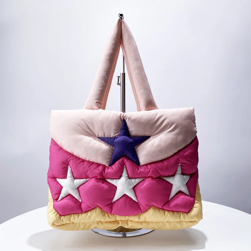 Pink Cute Star Splicing Down Bag Tote Bag Women\'s Large Capacity Winter New Star Splicing Hand Bill Shoulder Underarm Bag