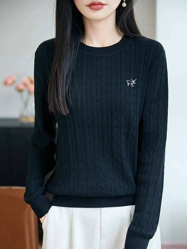 Pure Cotton Knitted round Neck Embroidered Twist Flower Women's Top Skin-friendly Slimming Base Layer Cotton Sweater