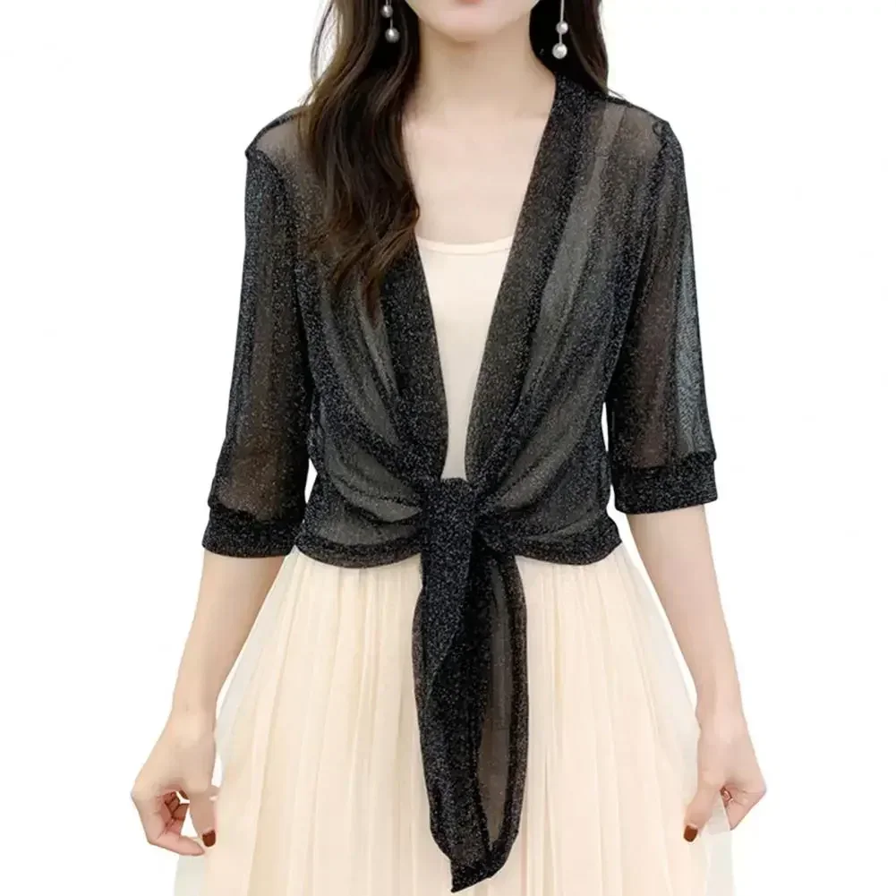 Women's Sheer Glitter Lace-up Cardigan Lightweight Jacket Half Sleeve Summer See-through Loose Blouse Women