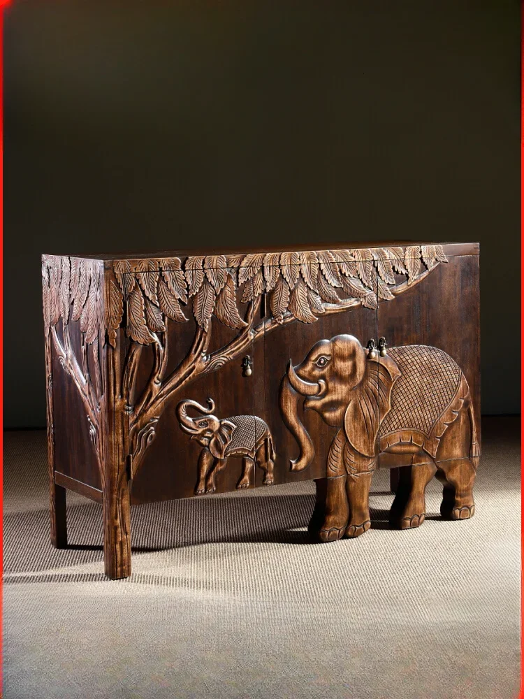 

Vintage solid wood relief elephant entrance cabinet, new Chinese style storage, Southeast Asian living room