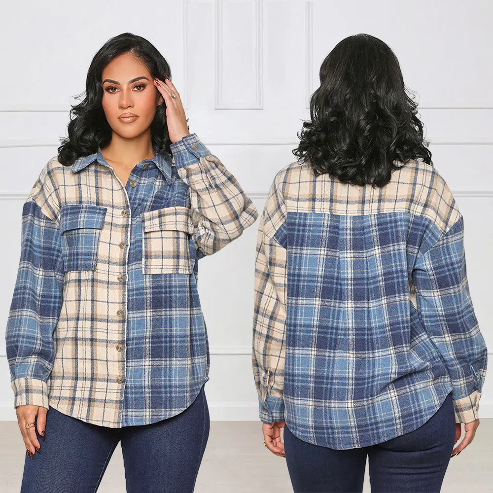 

Women's Loose Plaid Woolen Casual Shirt Jacket Color-Block Autumn Temperament Commuting Loose Fit Casual Outerwear