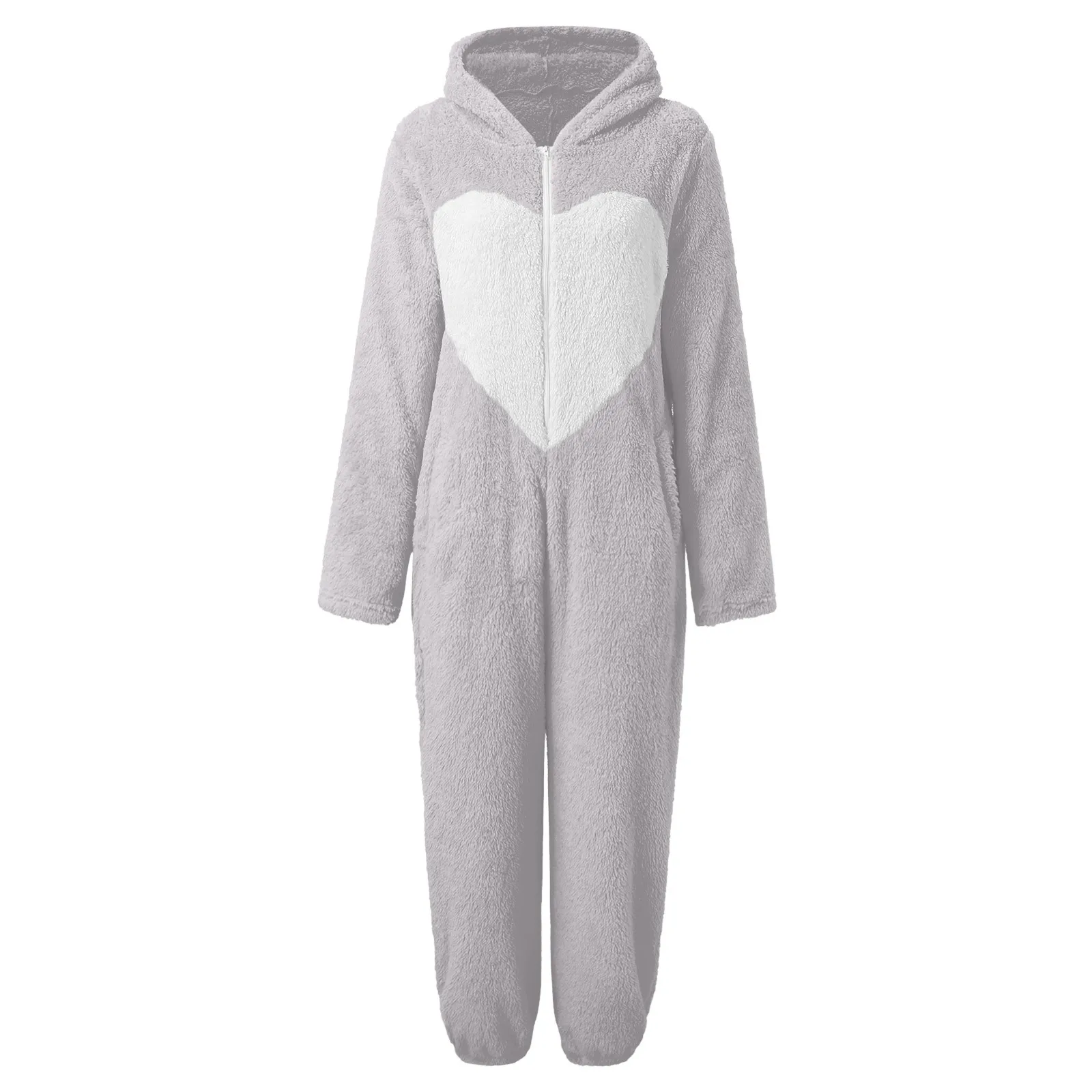 S-5XL Coral Fleece Warm Womens One-Piece Pajamas Ladies Heart Printed Loose Hooded Jumpsuit Sleepwear Female Winter Homewear