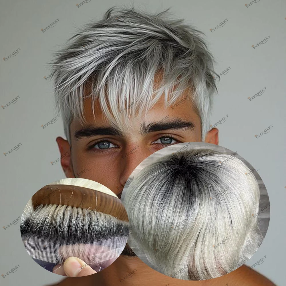 شعر بشري طبيعي ناعم كامل الدانتيل للرجال شعر مستعار لتساقط الشعر جذور سوداء أومبير البلاتين شقراء نظام استبدال الشعر الذكور