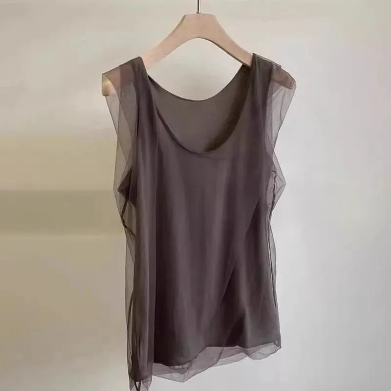 Women's Vintage Coffee Mesh Overlay Sleeveless Top