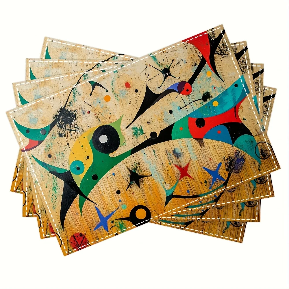 4-Pack Abstract Art Colorful Shapes Placemats Set of 4 Modern Design Linen Table Mats for Contemporary Dining