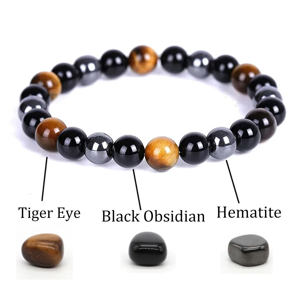 Triple Protection Bracelet Natural Hematite Obsidian Tiger Eye Stone Beads Bracelets Magnetic Health Weight Loss Women Jewelry