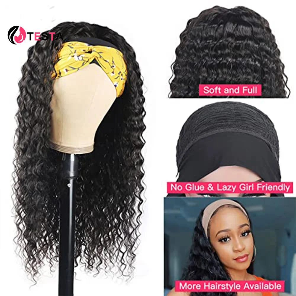 Deep Wave Headband Scarf Wig Human Hair None Lace Full Machine Made For Women Brazilian Remy Curly Wig 12-26 Inch