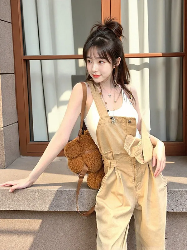 

Khaki Workwear Overalls Women's Summer New Small Size Casual Straight Leg Jumpsuits Commute Sle l Waist Button Closure