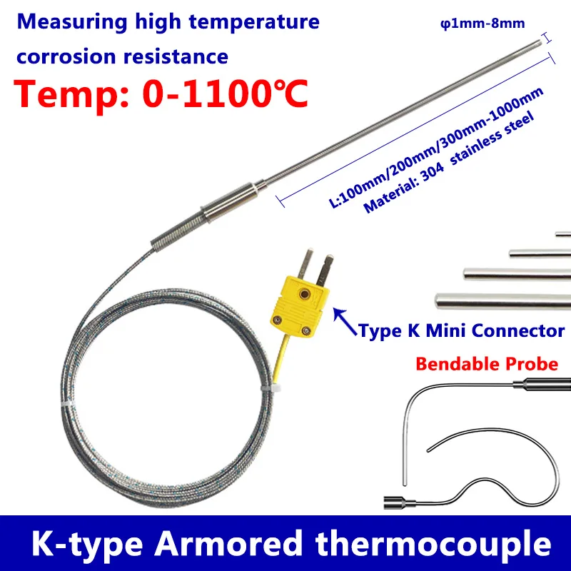 Armoured Thermocouple K Type Bendable Sensor Wire 1mm//2mm/3mm-8mm Dia 100/200/300mm WRNK-191 0-1100 Degree Temperature Sensor