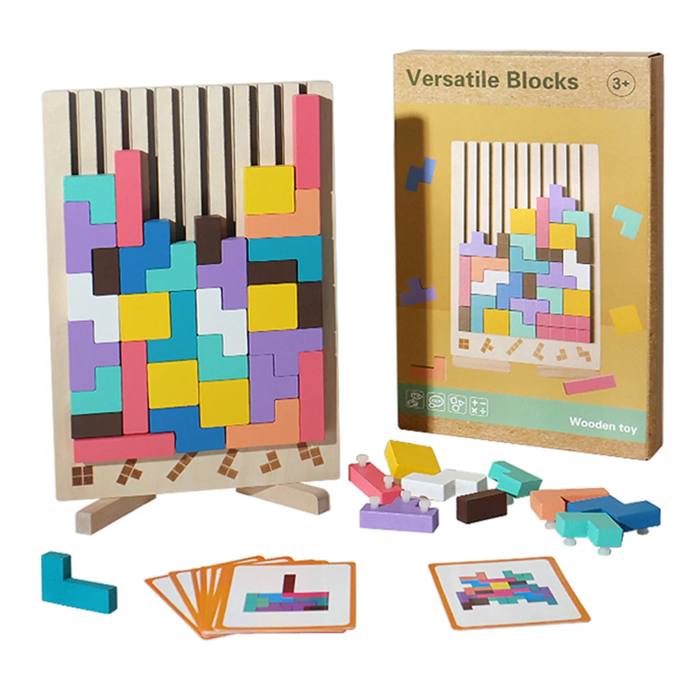 1Set Wooden Blocks Puzzle Brain Teasers Toy Tangram Jigsaw Intelligence Colorful 3D Russian Blocks Montessori Educational