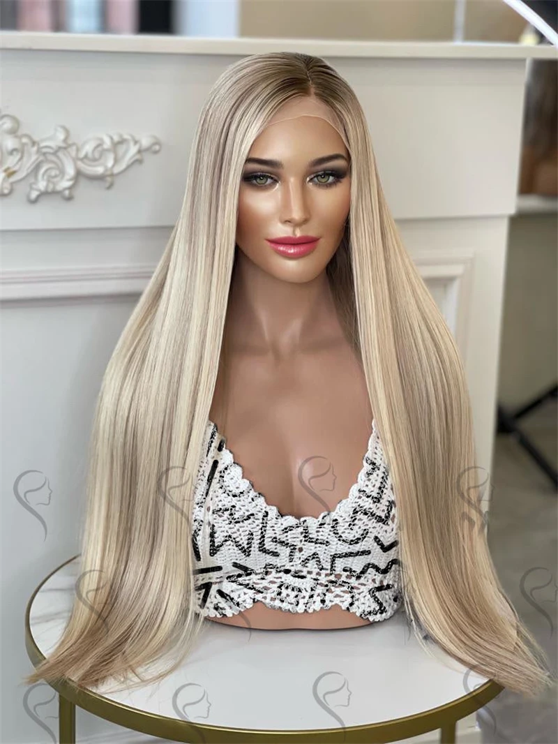 Peruka syntetyczna o długości 30 cali, super długa, prosta, ombre popielaty blond, peruka typu lace front, peruki HD o wysokiej gęstości dla kobiet, peruka damska do cosplayu.