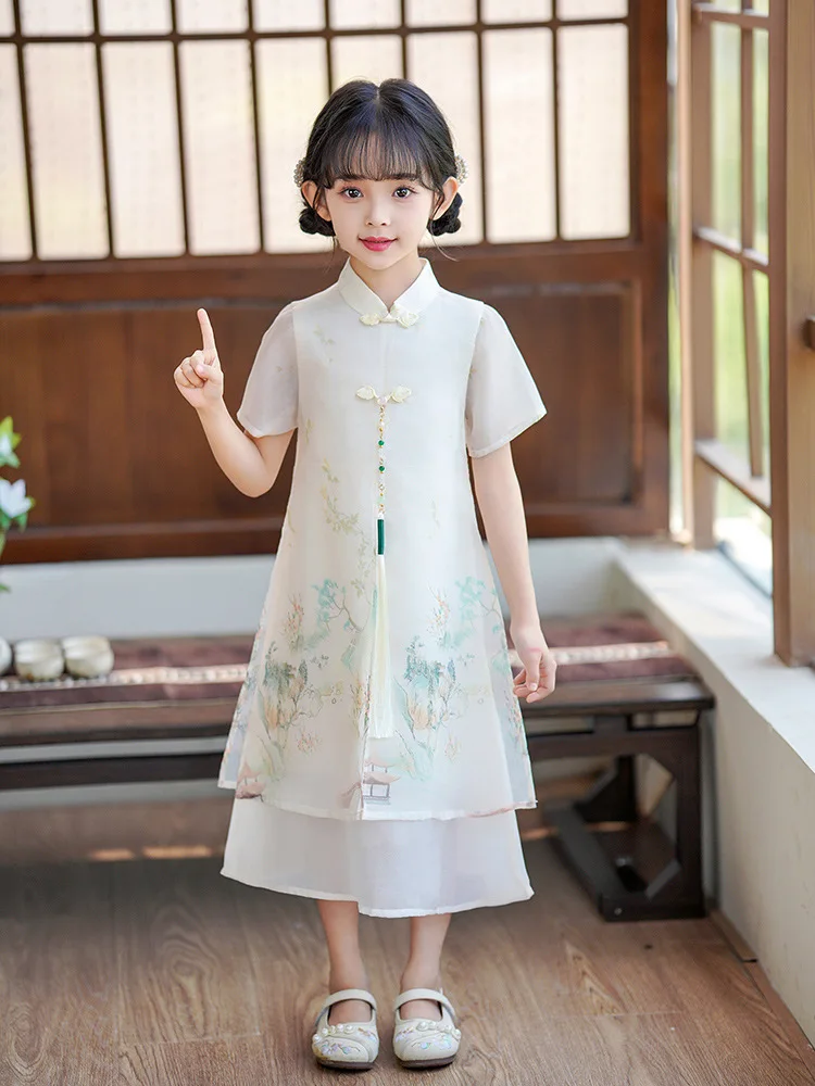 Sweet Girls Chinese Hanfu Cheongsam Kids TangSuit Dress Children Party Outfits Qipao Wedding Flower Girl Dress New Birthday Gift