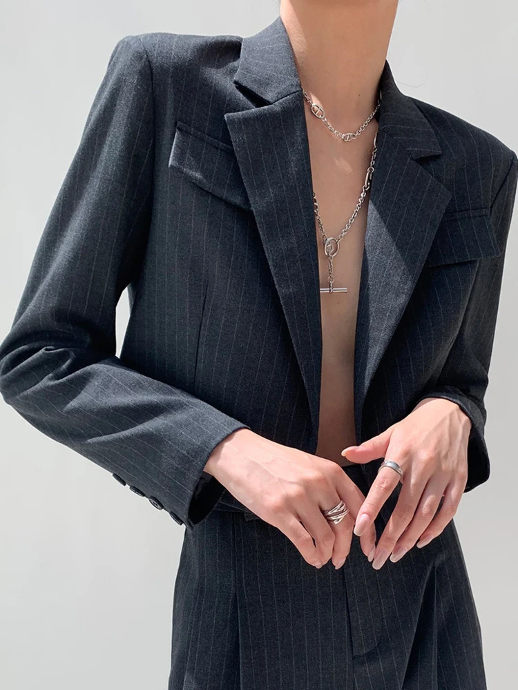 [LANMREM] Striped 2 Piece Sets For Women Cardigan Short Blazer High Waist Straight Wide Leg Pants Office Lady 2024 Summer New