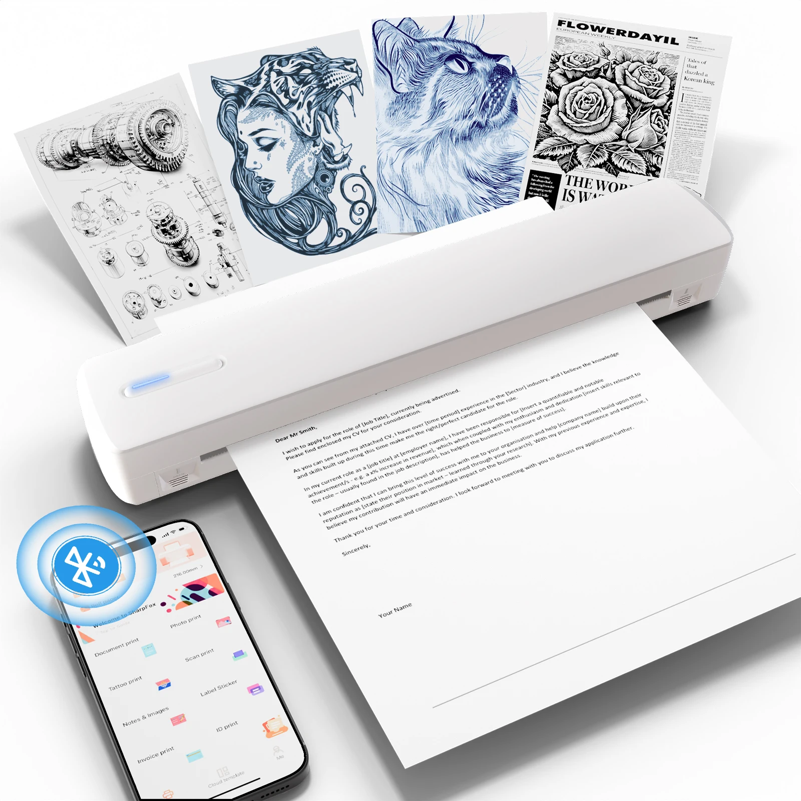 Portable A4 Thermal Bluetooth Wireless Printer 203dpi Photos PDF Document Printing Machine For Office Work Home School Travel