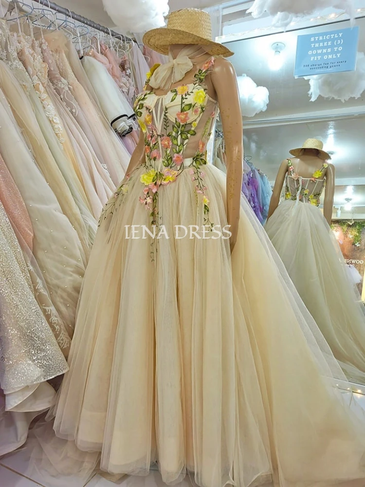 IENA-vestido de novia con flores bordadas, ropa de boda con mangas abullonadas desmontables, vestidos de fiesta de noche, vestido de fotografía de hadas, color champán