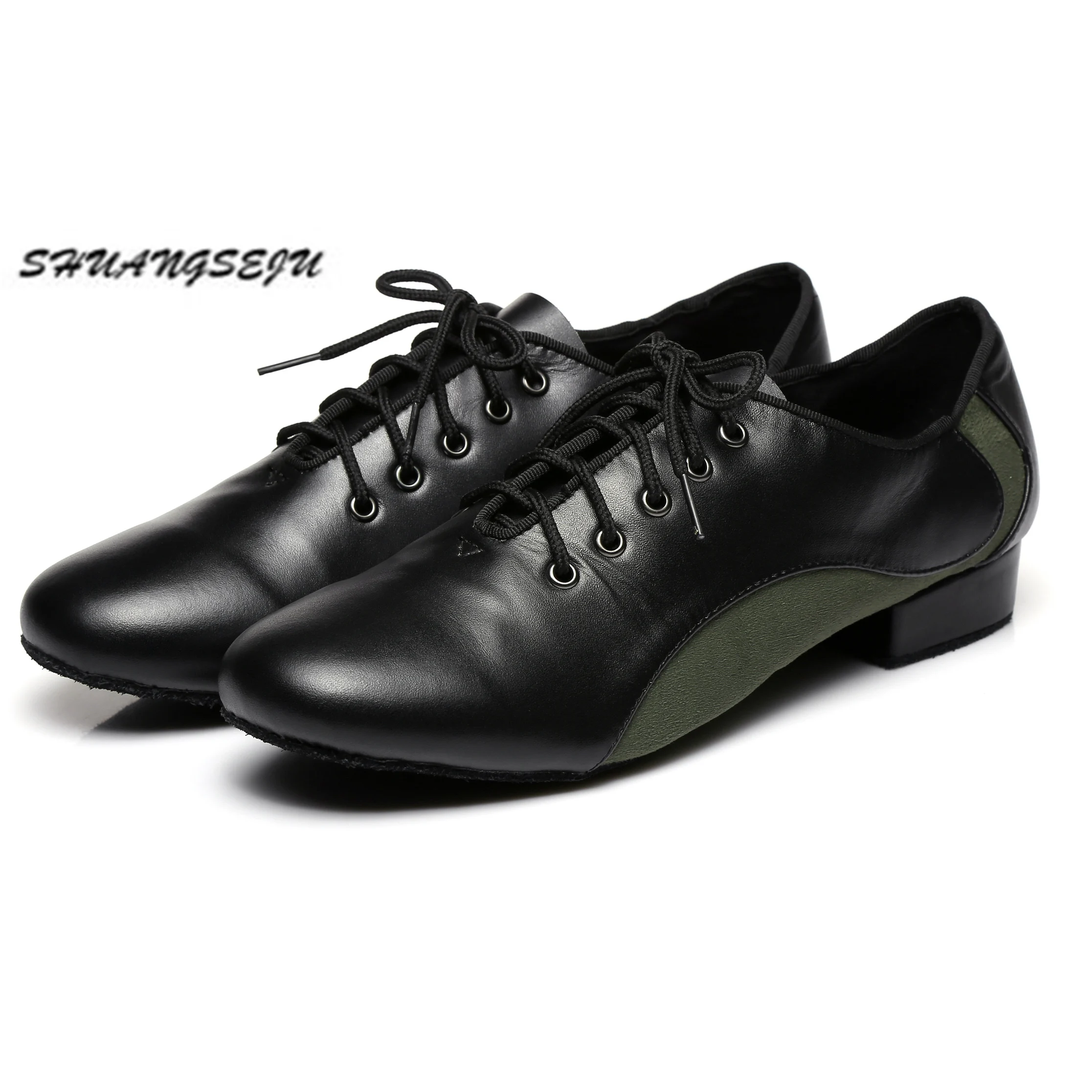 SHUANGSEJU-zapatos de baile latino de cuero para hombre, calzado de Salón Estándar Nacional De cha-cha, suela suave para interiores, tacón bajo de 2,5 cm