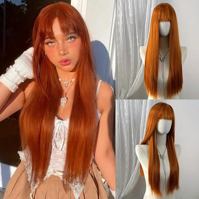 

2026 Orange Long Straight Hair Wig For Women Air Bangs Heat Resistant Synthetic Fiber Cosplay Party Carnival Full Wig