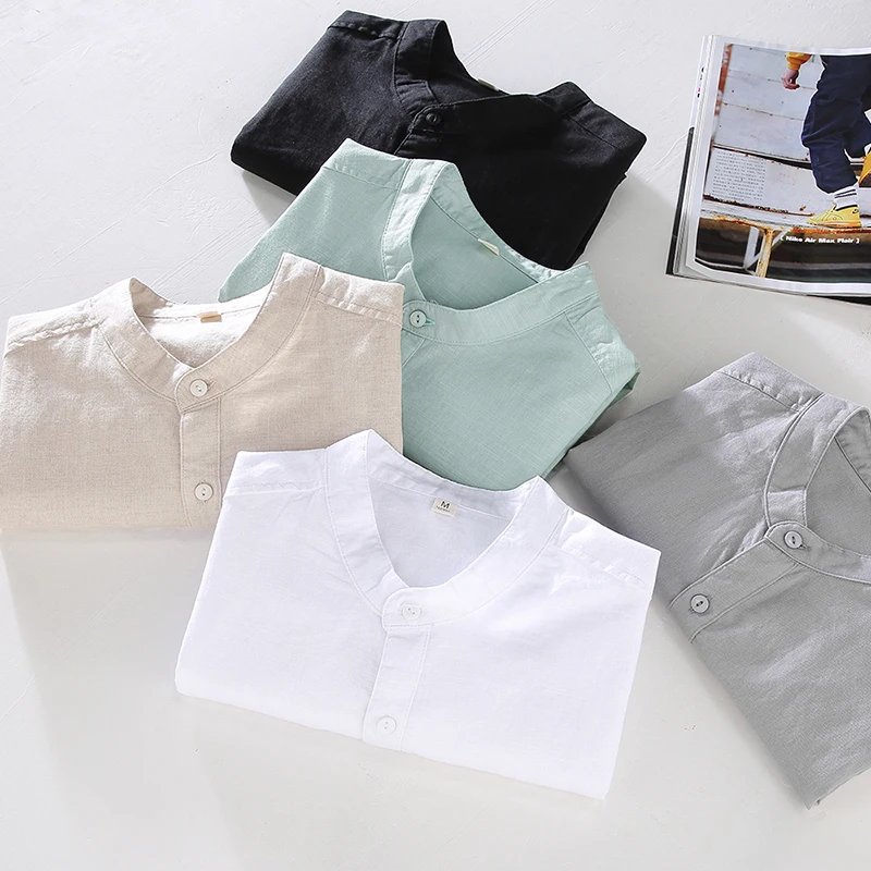 

Designer New Half-Sleeved Casual Cotton Shirt Men Brand Trend Stand Collar Top Clothes Breathable Chemise Homme Drop Shipping