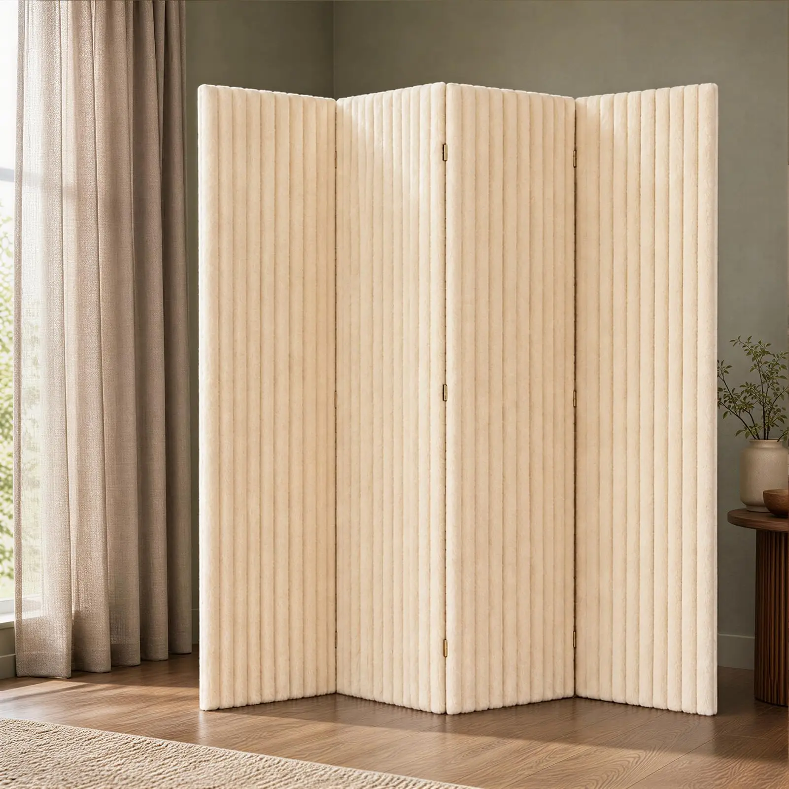 4 Panel Plush Room Divider - 5.9 Ft Folding Privacy Sn