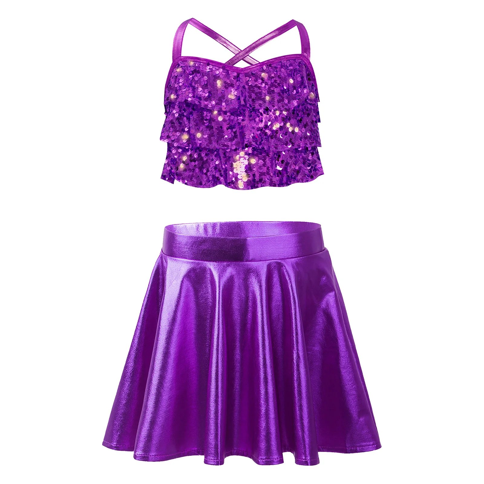 

Kids Girls Cheerleading Jazz Dance Costumes Sleeveless Shiny Sequins Tiered Ruffles Crop Top Vest+Metallic Skirt for Competition