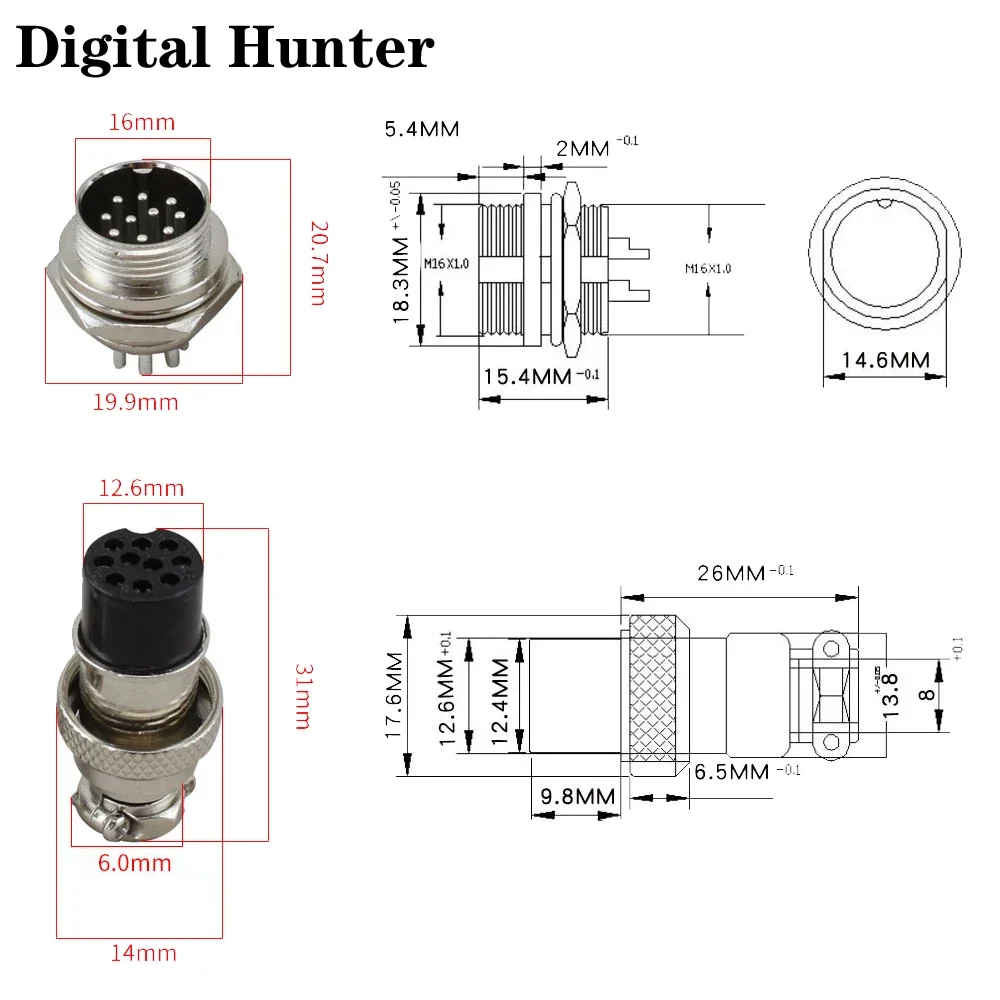 1PC M/F Type 2,3,4,5,6,7,8,9,10-Pin Chassis Sockets Connects Microphone Mic Plug GX16 Connectors Used on Many CB Radios and Ham