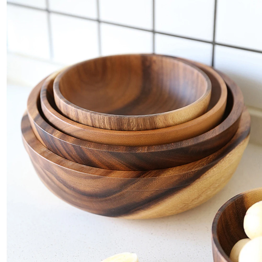 

1pc 18X7.5Cm Wooden Fruit Bowl Wood Serving Bowl For Salad Snacks Dessert Fresh Fruits Kitchen Storage Holder Natural Thick Food
