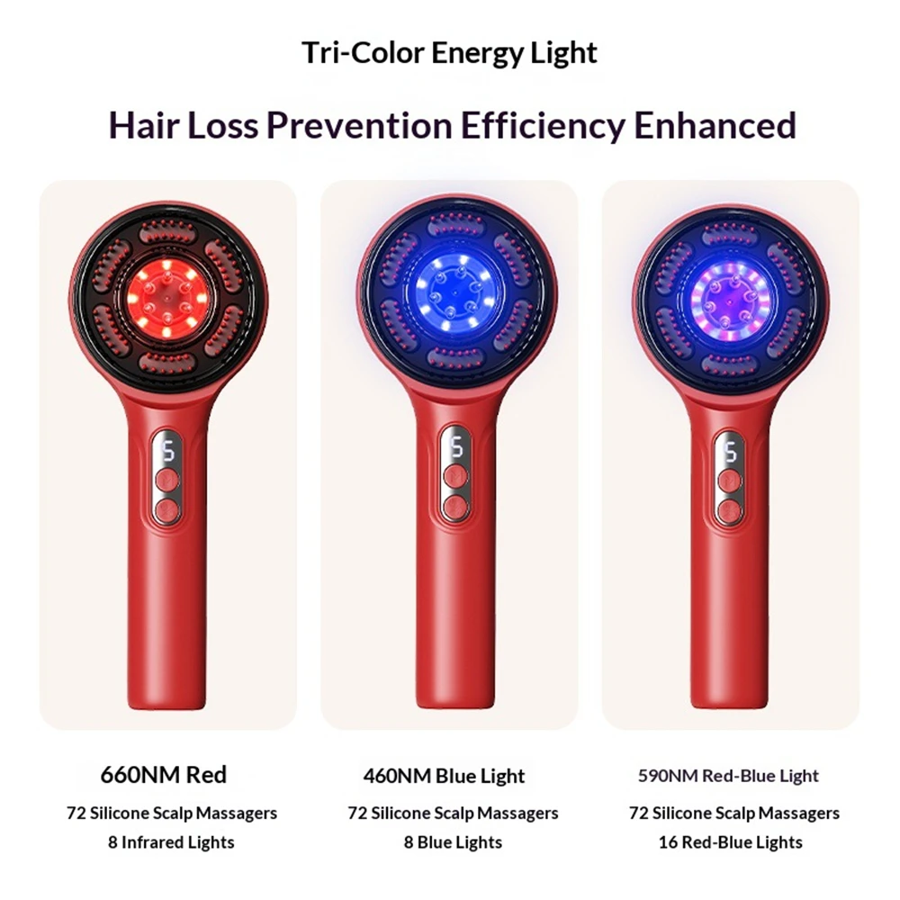 3-in-1 Electric Scalp Massage Comb 1200mAh Hair Growth Oil Applicator Brush 5 Gears Red Blue Light Therapy Anti Hair Loss Tool