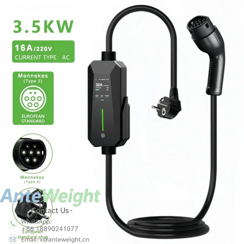 3.5kW 16A Portable EV Charger Type2 IEC 62196‑2 European Standard Schuko Plug IP66 5M Cable Home Electric Vehicle Charger