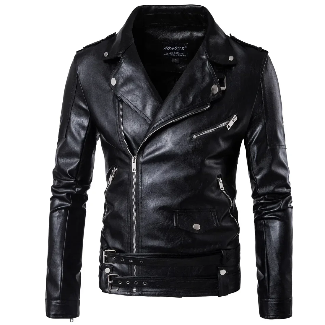 Motorcycle Leather JacketCoat Men Clothing Men Solid Casual Slim Fit Zipper Long Sleeve Turn-Down Collar PU Leather Jacket