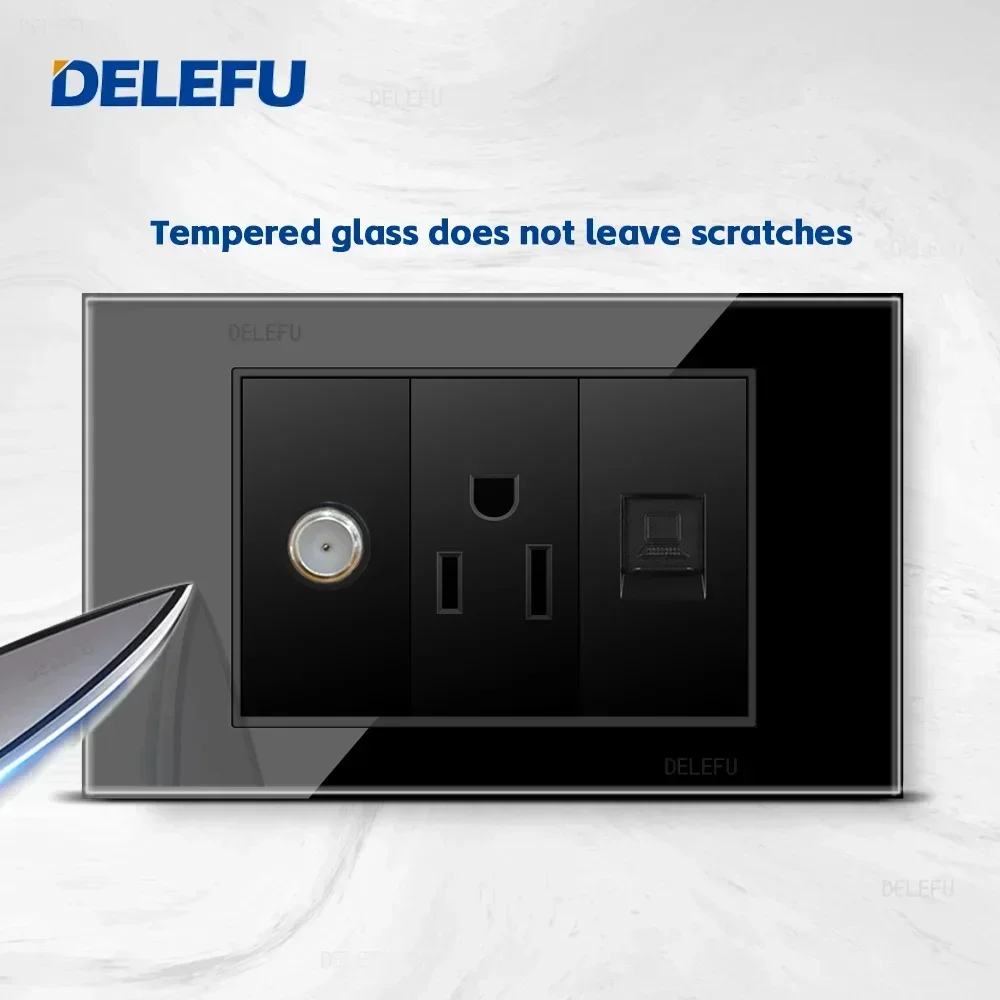 DELEFU glass black panel American Standard series 118*74mm wall computer combination socket switch