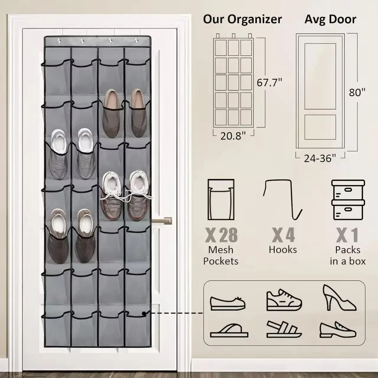 14/24/40 Grids Over The Door Shoe Rack Mesh Pockets Hanging Shoe Organizer For Closet Hanging Shoe Rack Holder