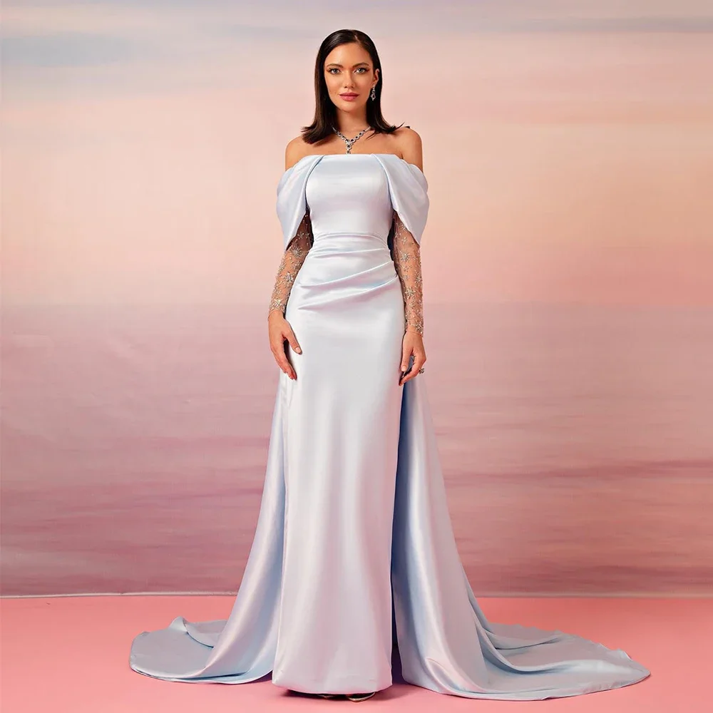 

Customized Prom Dress Baby Blue Luxury Evening Dress Sweep Train Strapless Off Shoulder Beading Long Sleeves Dubai Party Dresses