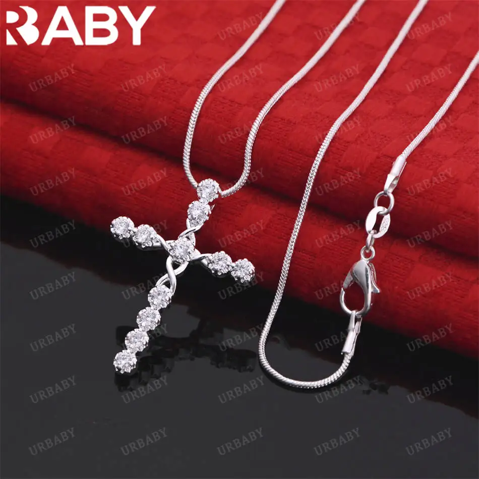 

URBABY 40-75cm 925 Sterling Silver Zircons Cross Pendant Necklace For Women Men Anniversary Gift Popular Wild Fashion Romantic
