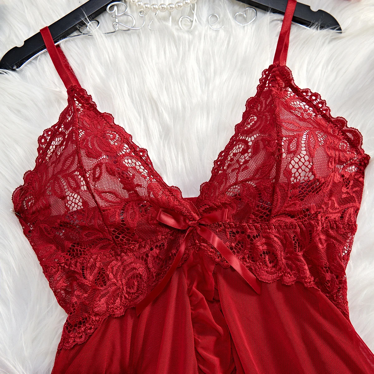 Summer Transparent Red Lace See Through Nightdress Women's Sexy Underwear Sleepwear Sleep Dress and Panty Sets Nighty - view 4