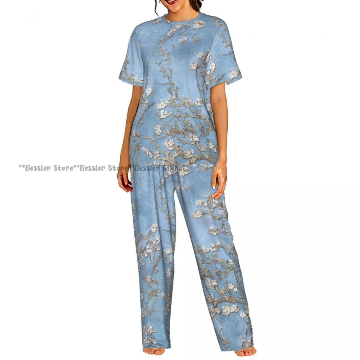 Women Pajama Sets Lounge Sleepwear Blue Cherry Blossoms Short Sleeve Nightwear