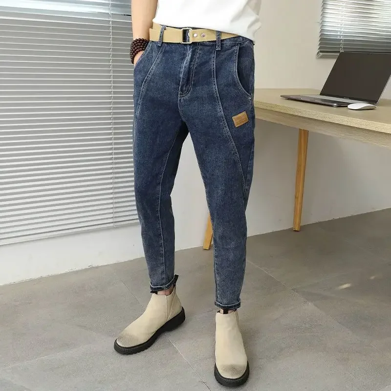 

Men's Jeans Tapered Man Cowboy Pants Elastic Trousers Cropped Stretch Soft Baggy Korean Fashion Buggy Grunge Y2k Harajuku Summer