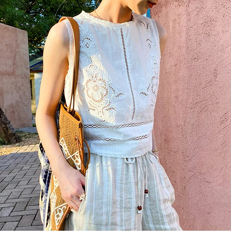 French Designer Boho White Cotton Eyelet Tank Top Women Sleeveless Embroidery Hollow Out Casual Summer Vacation Ladies Blouse view 5