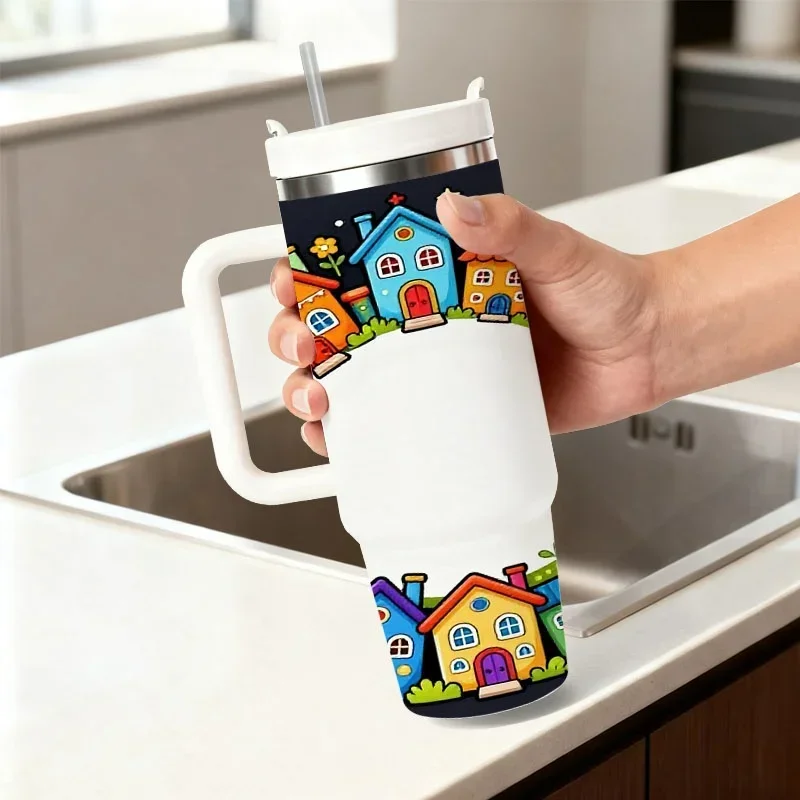 Stainless Steel Insulated Tumbler with Whimsical Cartoon Colorful Houses, Trees & Birds Digital Print, 40oz Leakproof Thermal Travel Mug for Keeping Drinks Hot or Cold, Ideal for Daily Commute & Outdoor Use
