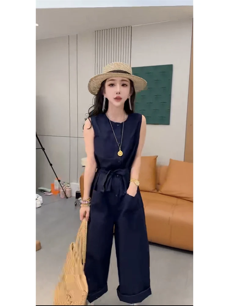 韓国風おしゃれなモノキニ、2025年夏デザイン、ワイドレッグパンツ、ウエストシェイプ、スリム、無地、ハイウエストロングパンツ
