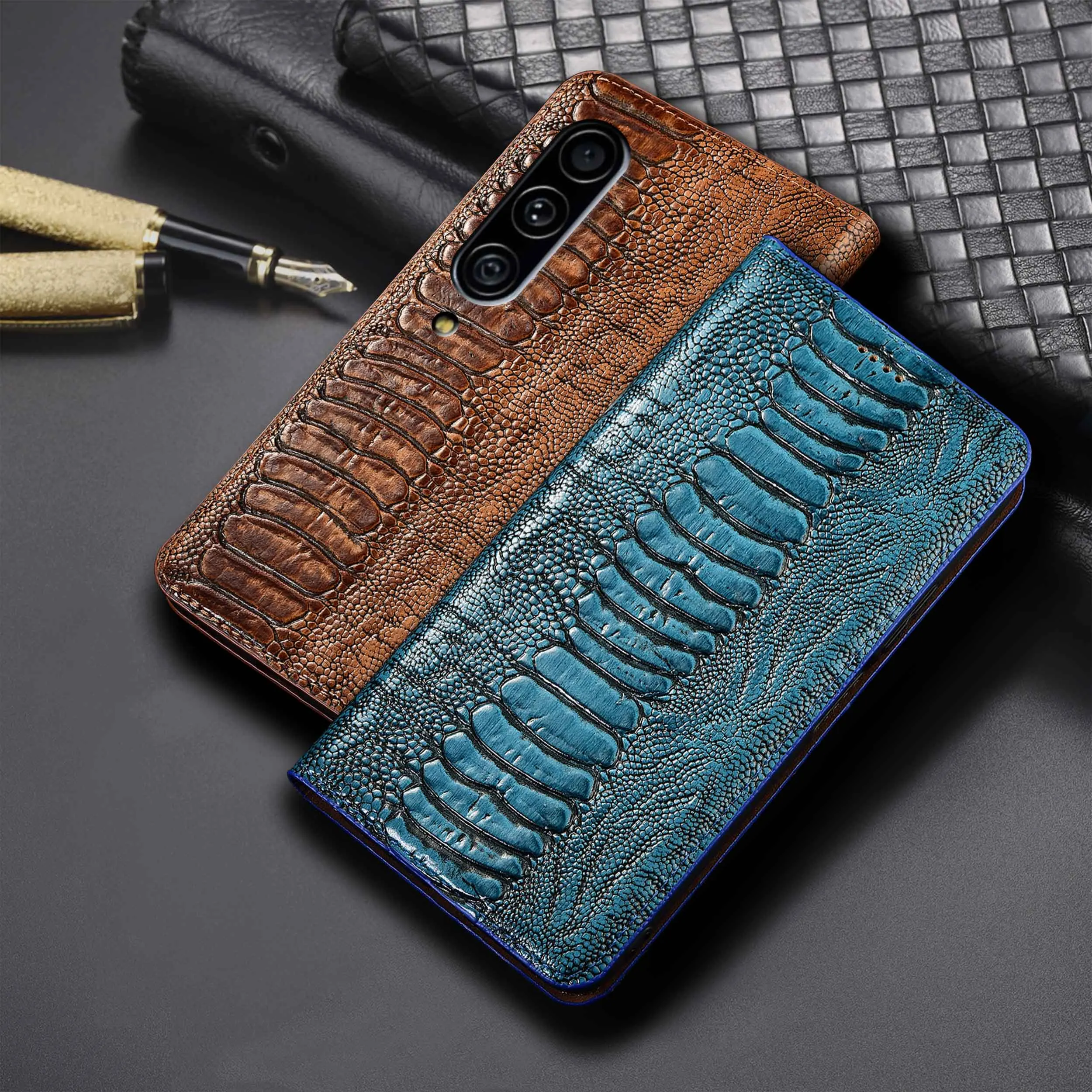 

Для Samsung Galaxy A10 A20 A30 A40 A50 A60 A70 A80 A90 4G 5G Страусиные ноги узор из натуральной кожи флип-чехол для телефона из воловьей кожи