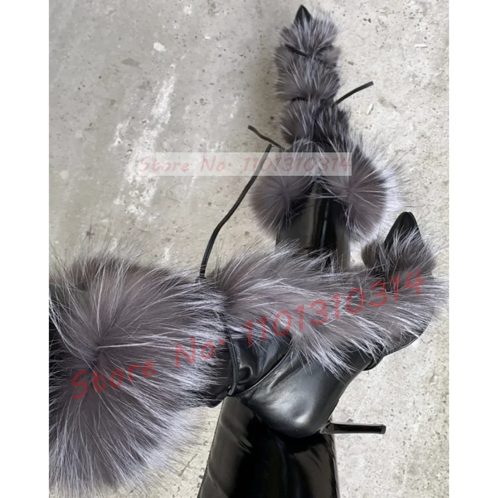 Real Fur Fluffy Mid-calf Boots Ladies Fashion Sexy Cross-tied Pointy Winter High Heel Shoes Women Luxury Big Size Stiletto Boots