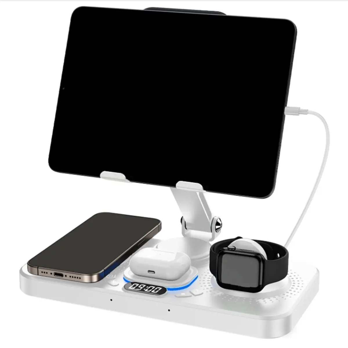 A32I 6 in 1 Wireless Charger with IPad Stand, Clock & 7-Color Ambient Light, Charger for IPhone/IWatch/AirPods White