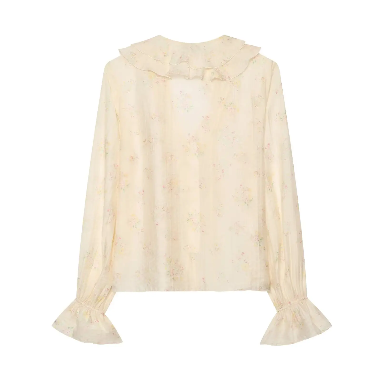 BSAY Autumn Cottagecore French Women Floral Print Ruffle Blouse V Neck Flare Tie String Sleeve Loose Vacation Casual Shirt Top