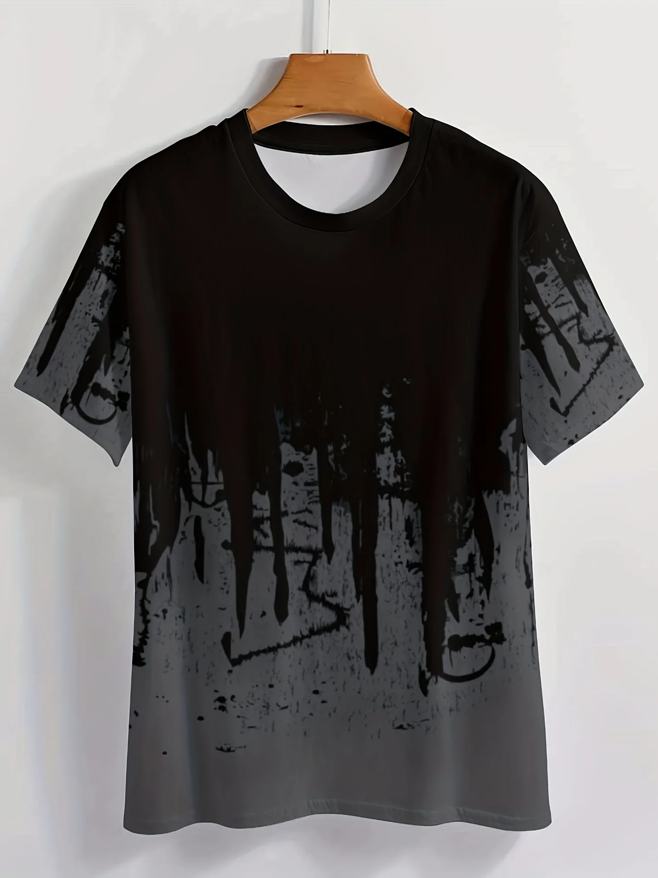 Black and Grey Gradient Print T-shirt with Paint Splash Design Short Sleeve Tee Casual Round Neck Mens Clothing Mens T shirt Top