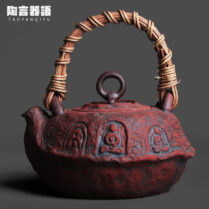 Vintage Ceramic Masonry Red Rattan Water Boiling Tea Kettle Grotto Buddha Statue Electric Stove Open Flame Boiling Tea Leaf Pot