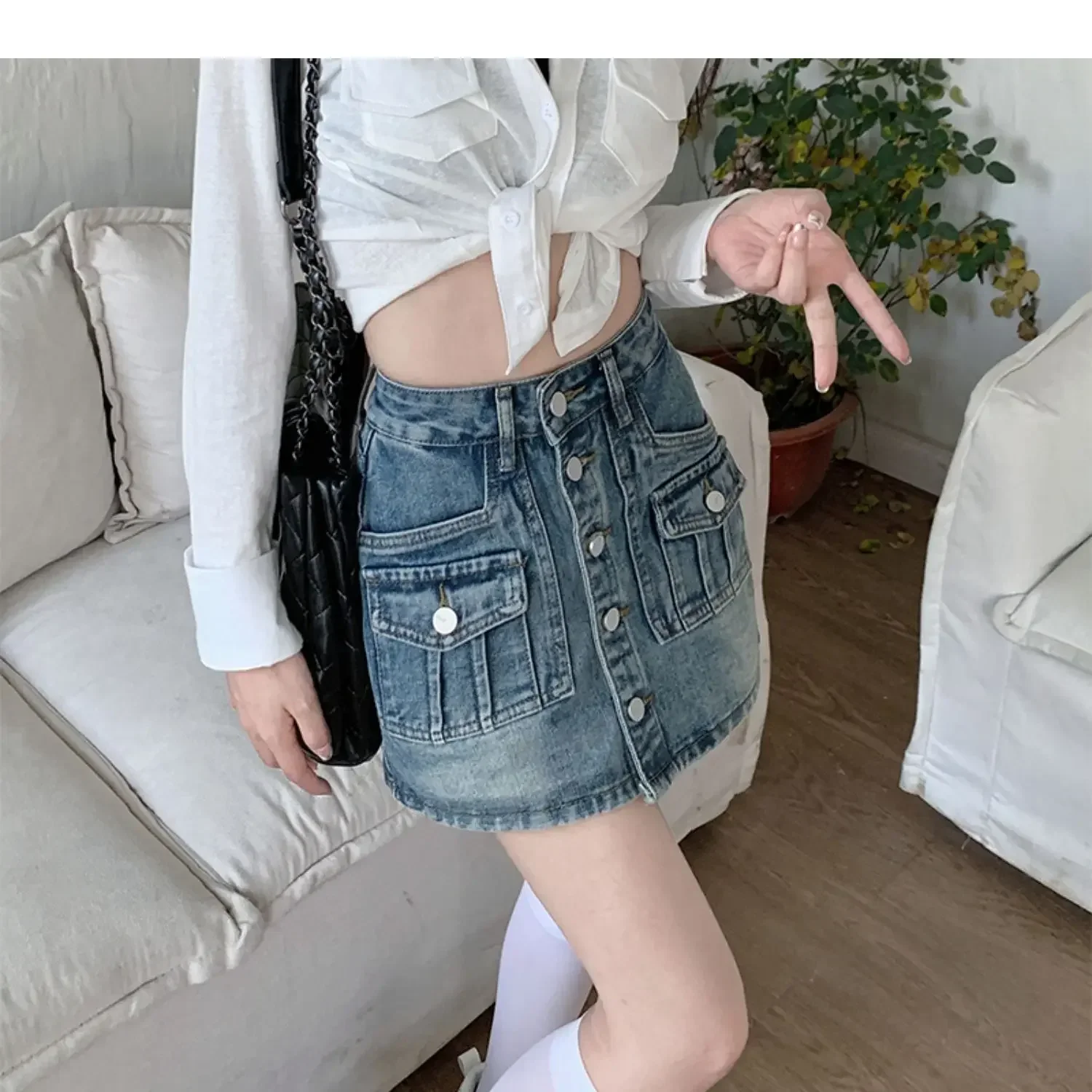 Plus Size Vintage High-waisted Slimming Denim Skirt American Style Petite Shorts For Women Plus-size A- line Hip Covering