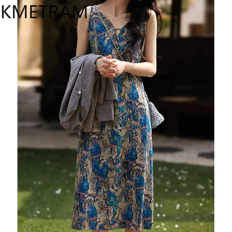 

KMETRAM 100% Mulberry Silk Slip Dress Woman Floral Print Elegant Dresses for Woman Clothes Sleeveless Summer Long Dress 2025