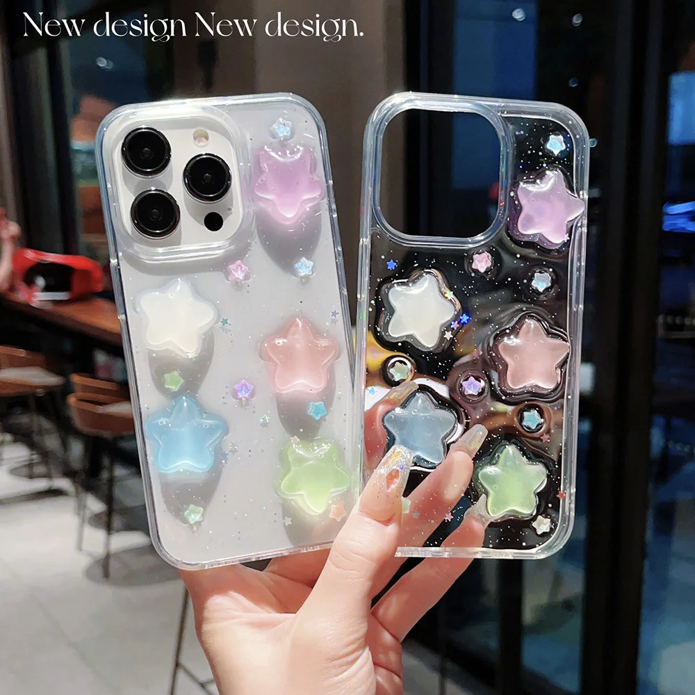 Super Cute Glow in dark Case for iPhone 15 14 13 12 11 mini Pro Max Cases Shockproof Soft Cover Lovely 3D Star kawaii Coque