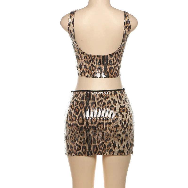 Leopard Print Sequins Two Piece Set Women Sexy U-neck Sleeveless Backless Irregular Tank Crop Tops + Mini Skirts Party Clubwear